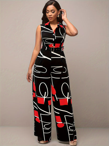 Elegant Geometric Printed Jumpsuit for Wide Legs and Belt for Parties and Casual Wear