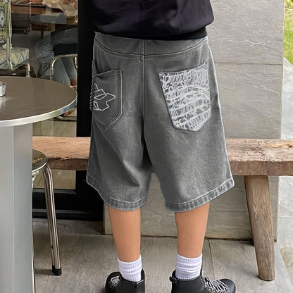 Casual Bermuda Denim Shorts for Loose Fit with Stylish Floral Embroidery