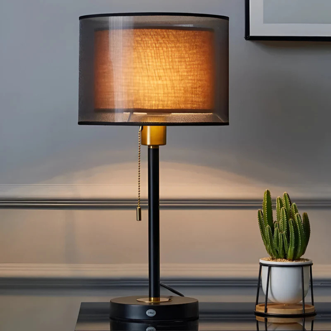Table Lamp with Vintage Double Fabric Shade for Warm Ambient Light LED