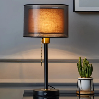 Table Lamp with Vintage Double Fabric Shade for Warm Ambient Light LED