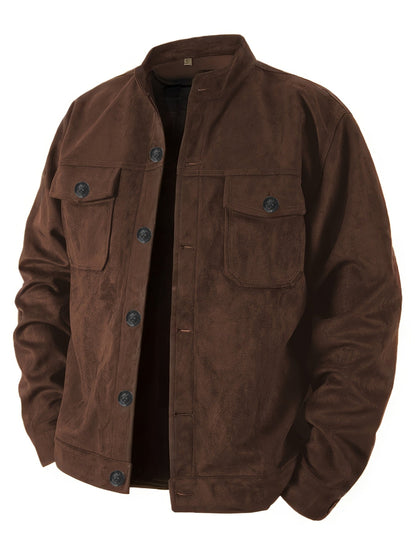 Stand with Men's Casual Jacket with Buttons and Up Collar for Vintage Work Jacket