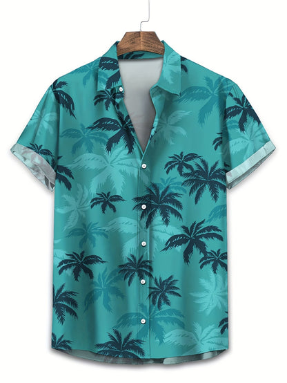Tropical Palm Tree Print Men's Shirt with Short Sleeves and Casual Look for Summer Outings