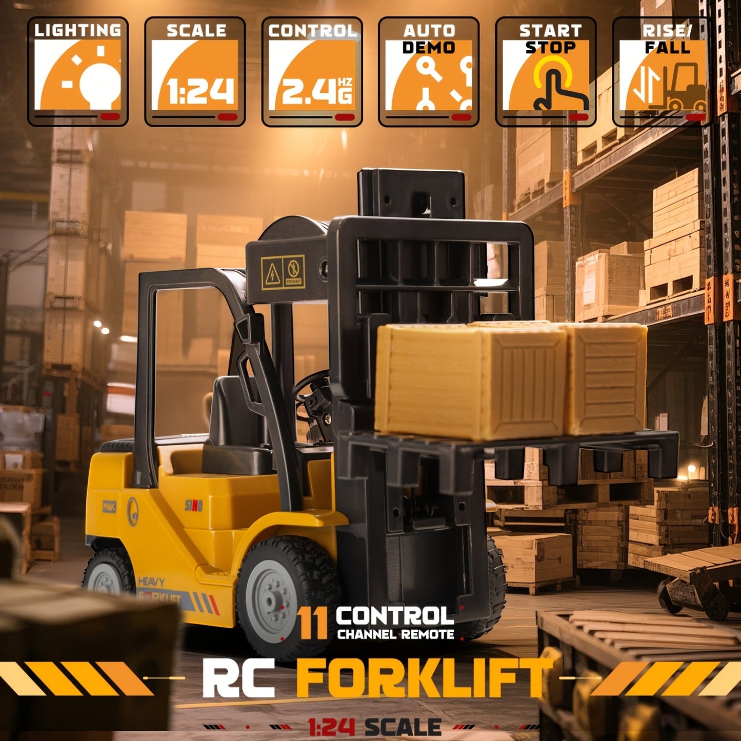 Heavy Duty Remote Control Forklift for 1:24 Scale with Lights & Trailer