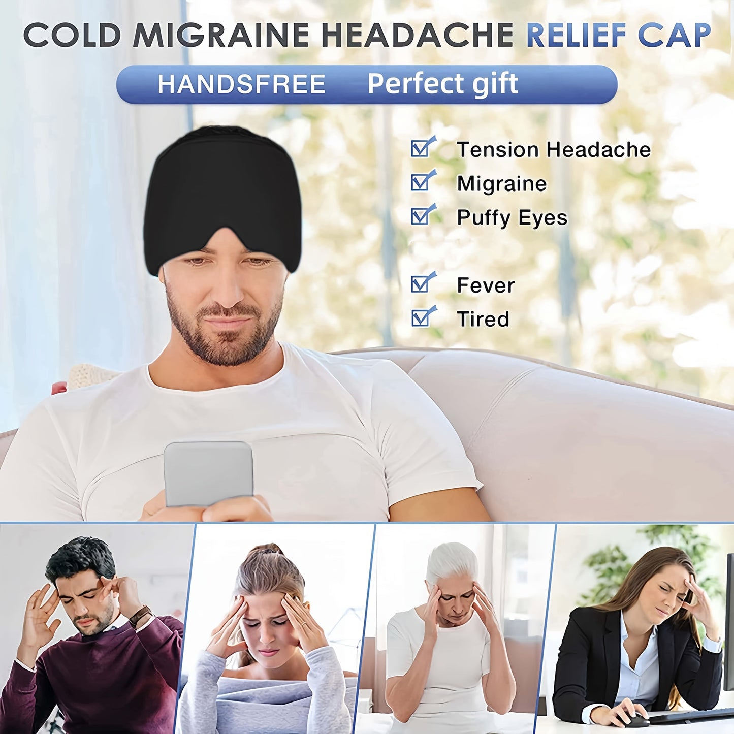Migraine Hat with Cooling Gel for Cooling Headband for Relief from Migraine, Fever, and Fatigue