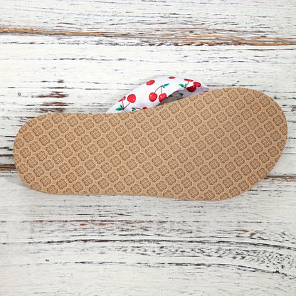 Ladies Flip Flops with Cherry Print and Flat Sole for Summer
