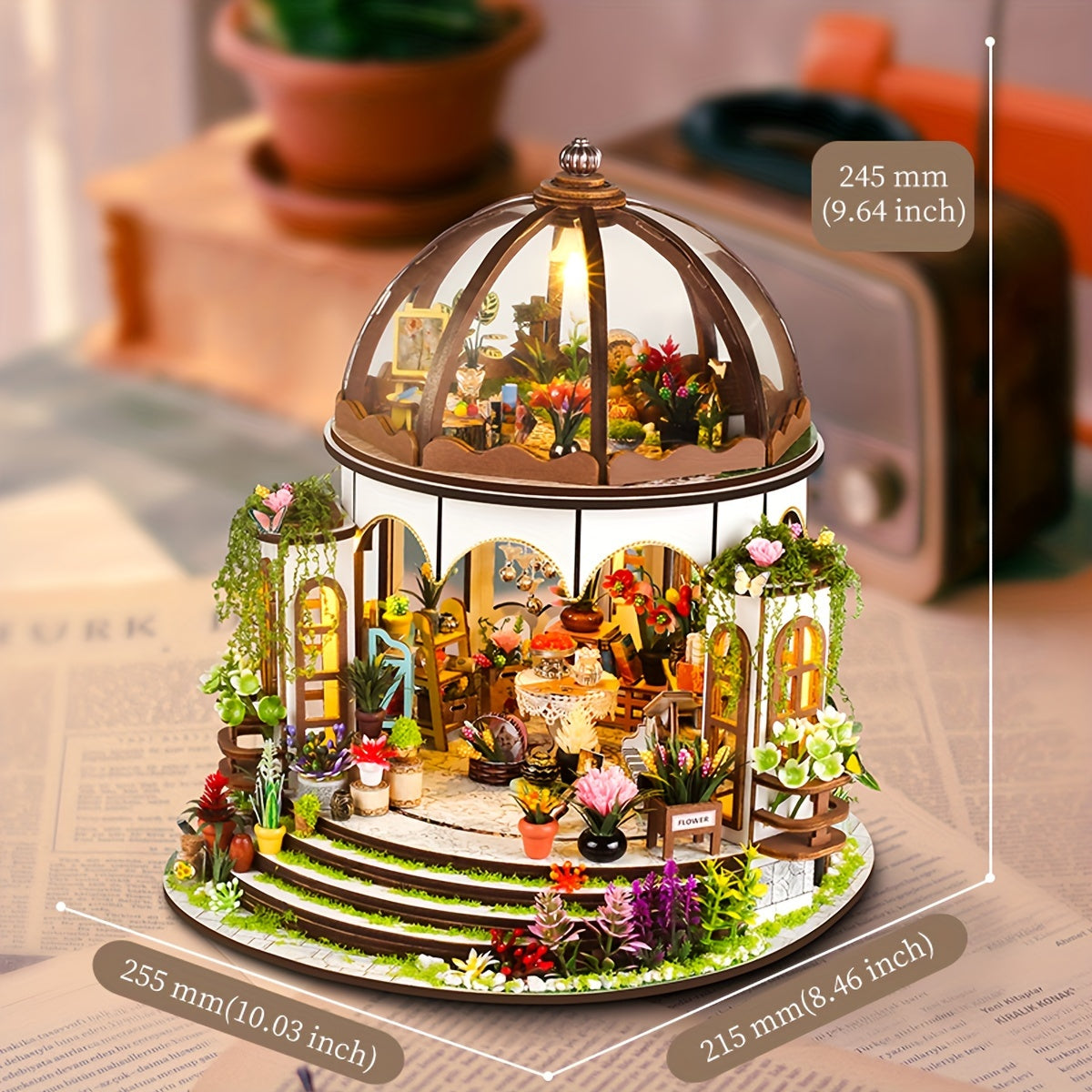Miniature Flower House for 3D Wooden Puzzle with LED Lighting and Detailed Garden