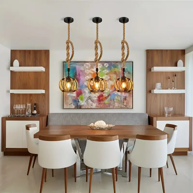 Industrial Pendant Light with Braided Rope and Metal Frame for Interior