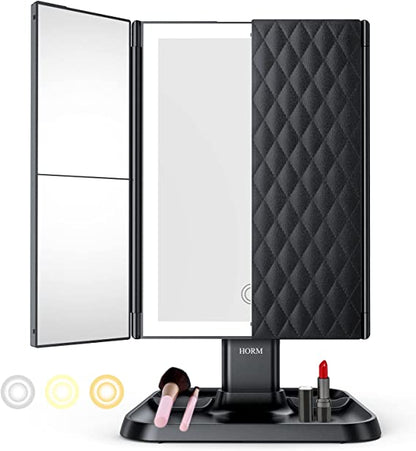 Mirror with Lumière Makeup LED Lighting for Adjustable Magnification and Stylish Storage