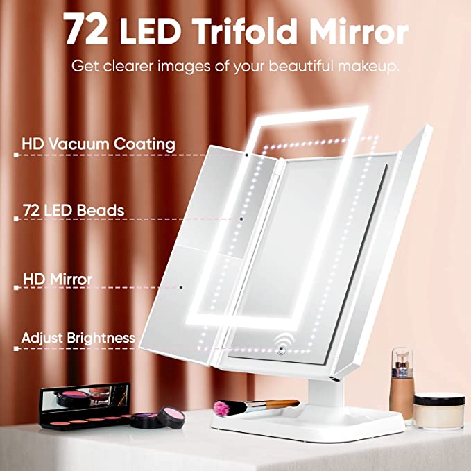 Mirror with Lumière Makeup LED Lighting for Adjustable Magnification and Stylish Storage