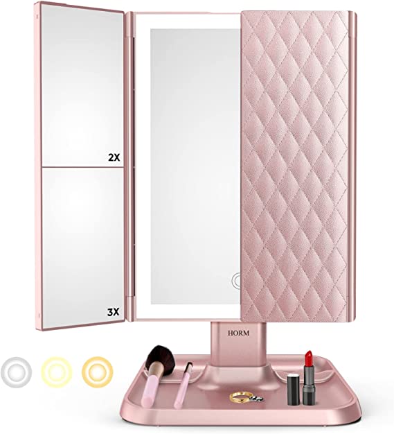Mirror with Lumière Makeup LED Lighting for Adjustable Magnification and Stylish Storage
