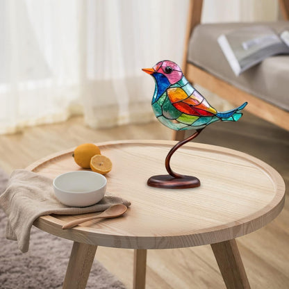 Table with Modern Bird Sculpture with Coloured Glass and Decorative Art Design
