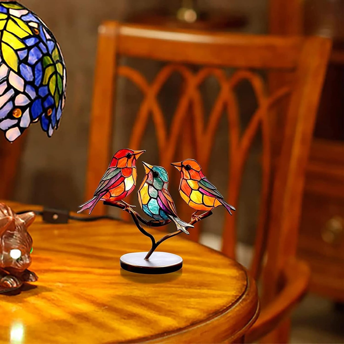 Table with Modern Bird Sculpture with Coloured Glass and Decorative Art Design