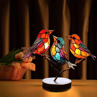 Table with Modern Bird Sculpture with Coloured Glass and Decorative Art Design