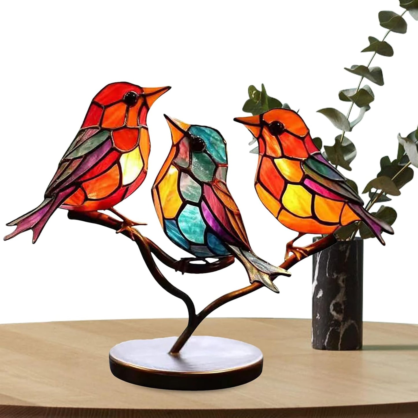 Table with Modern Bird Sculpture with Coloured Glass and Decorative Art Design