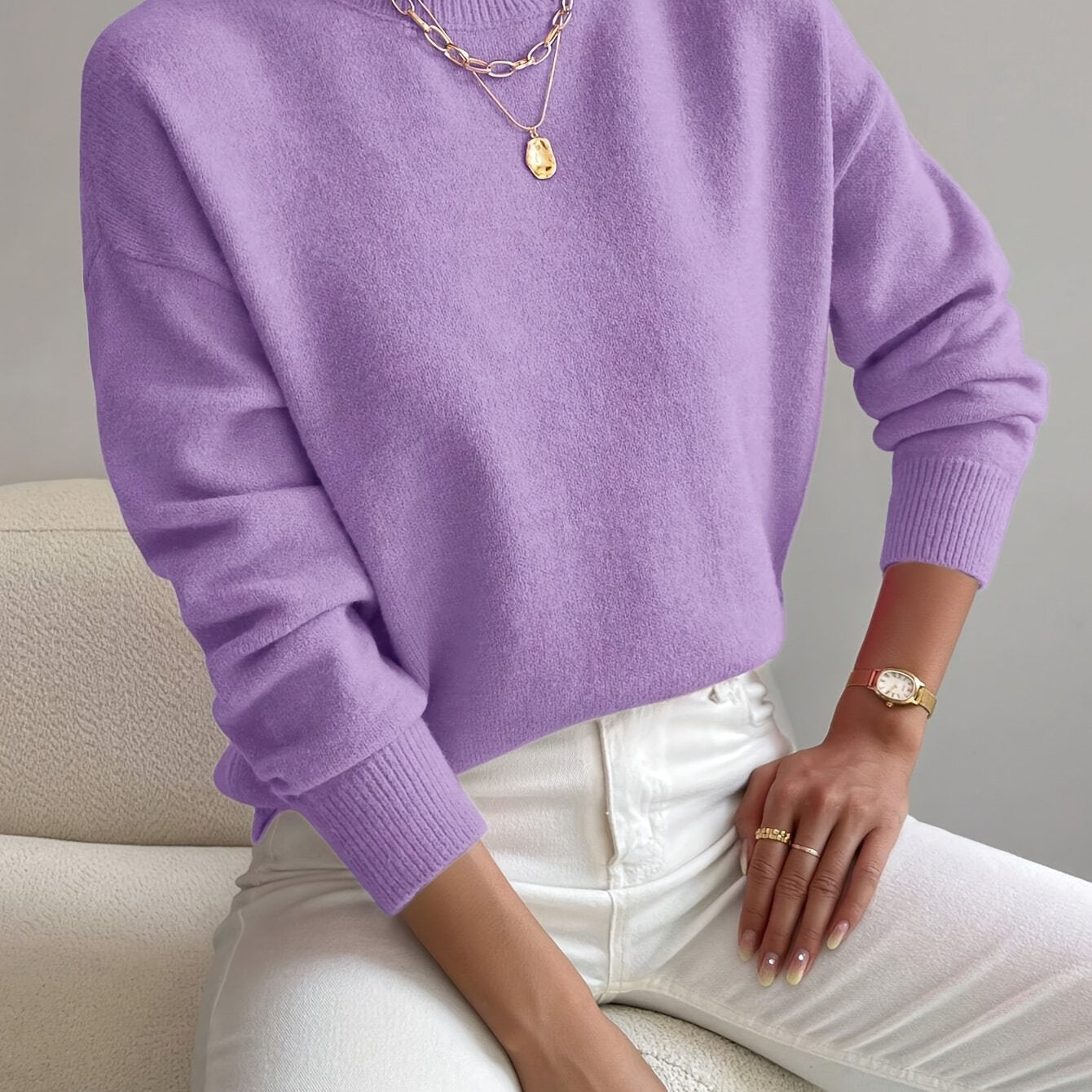 Ladies' Knitted Jumper with a High Neck and Long Sleeves for Autumn Winter