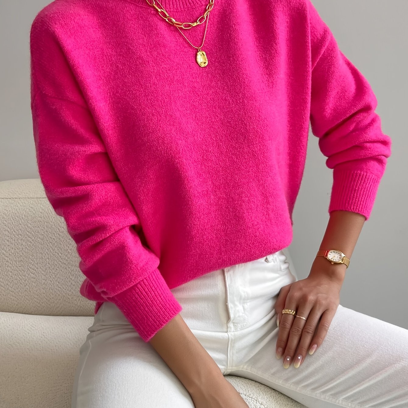 Ladies' Knitted Jumper with a High Neck and Long Sleeves for Autumn Winter