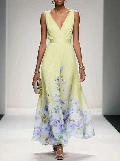 Ladies' Summer Dress with Floral Print and V-Neck for Weddings