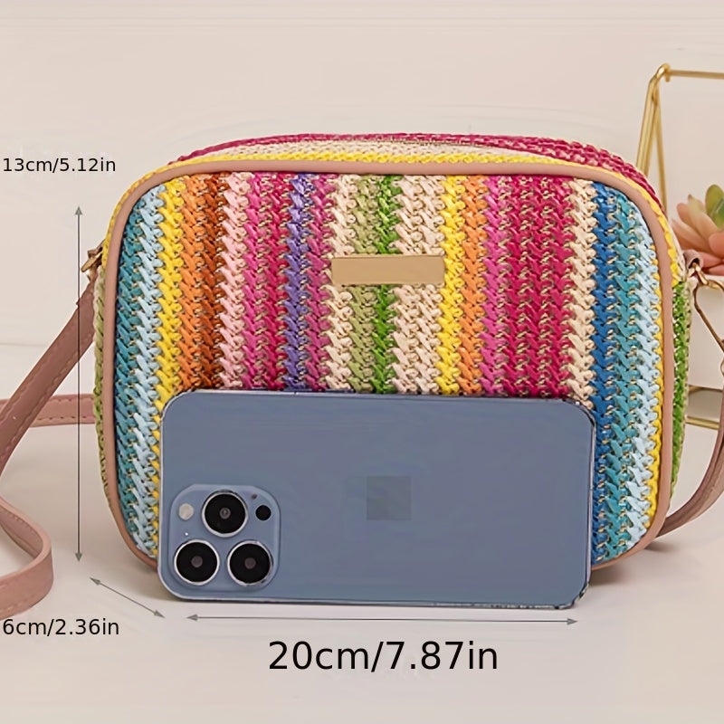 Bag with Shoulder Women Striped Woven Design with Zip Closure