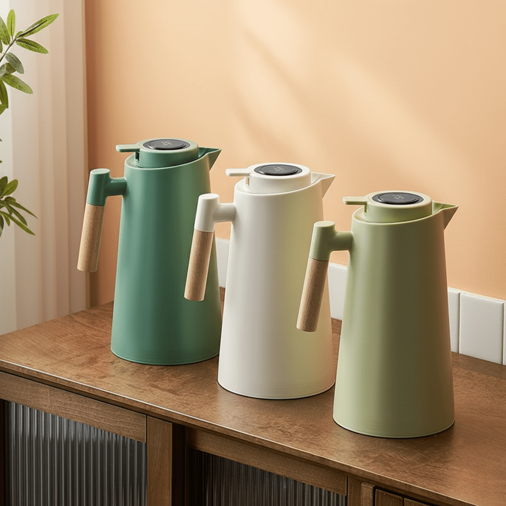 Thermal Flask with Temperature Display, Double-Walled Stainless Steel and Wooden Handle