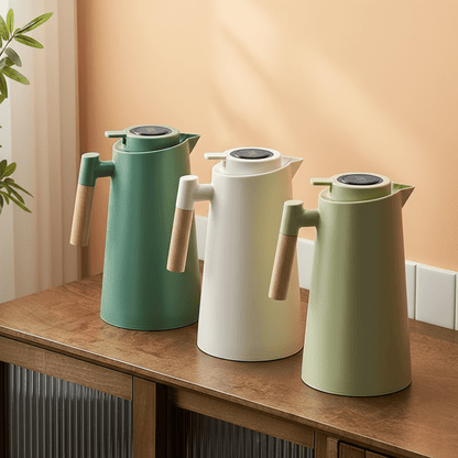 Thermal Flask with Temperature Display, Double-Walled Stainless Steel and Wooden Handle