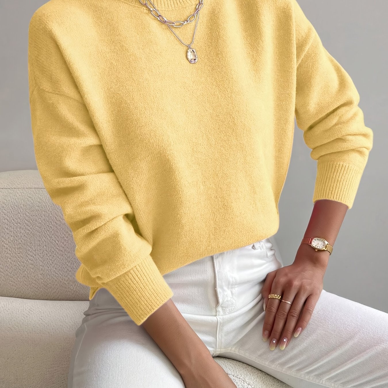 Ladies' Knitted Jumper with a High Neck and Long Sleeves for Autumn Winter