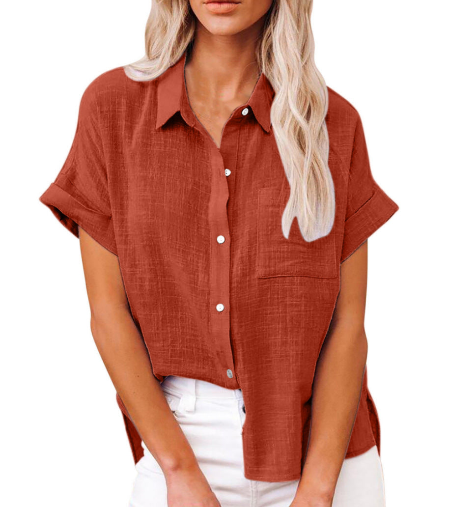Summer Shirt Linen Blouse for Women with Button Closure and Short Sleeves