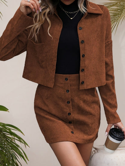 Set with Elegant Corduroy Women's Jacket and Skirt for Stylish for Spring & Autumn