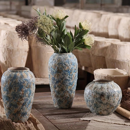 Vase with Unique Vintage Ceramic Design with Handmade Blue Earthenware for an Authentic Look