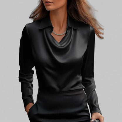 Ladies Satin Blouse with Waterfall Neckline and Long Sleeves