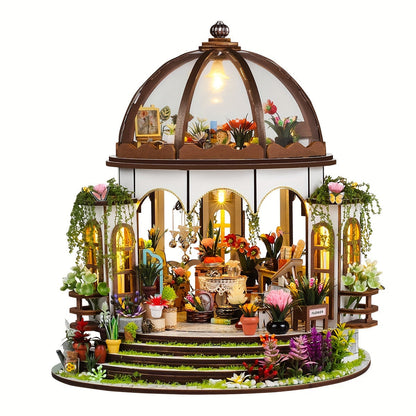 Miniature Flower House for 3D Wooden Puzzle with LED Lighting and Detailed Garden