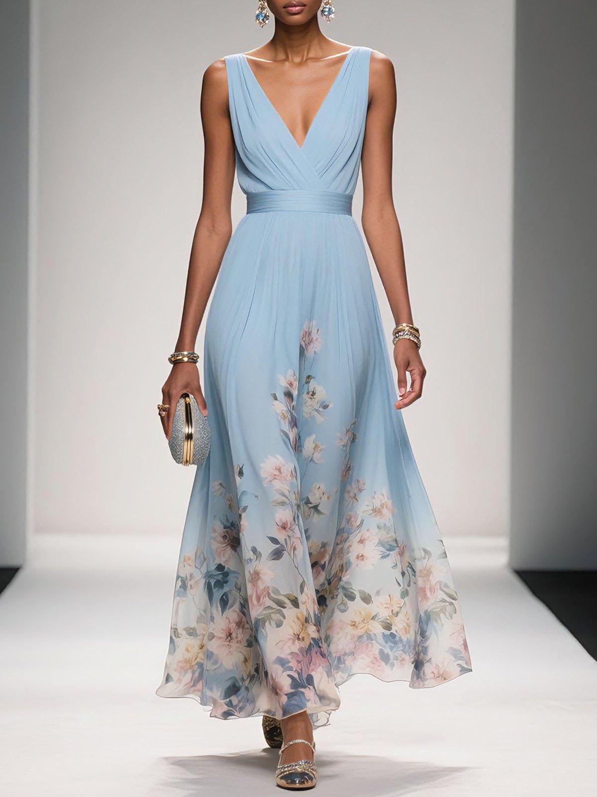 Ladies' Summer Dress with Floral Print and V-Neck for Weddings