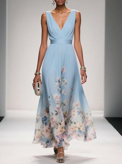 Ladies' Summer Dress with Floral Print and V-Neck for Weddings