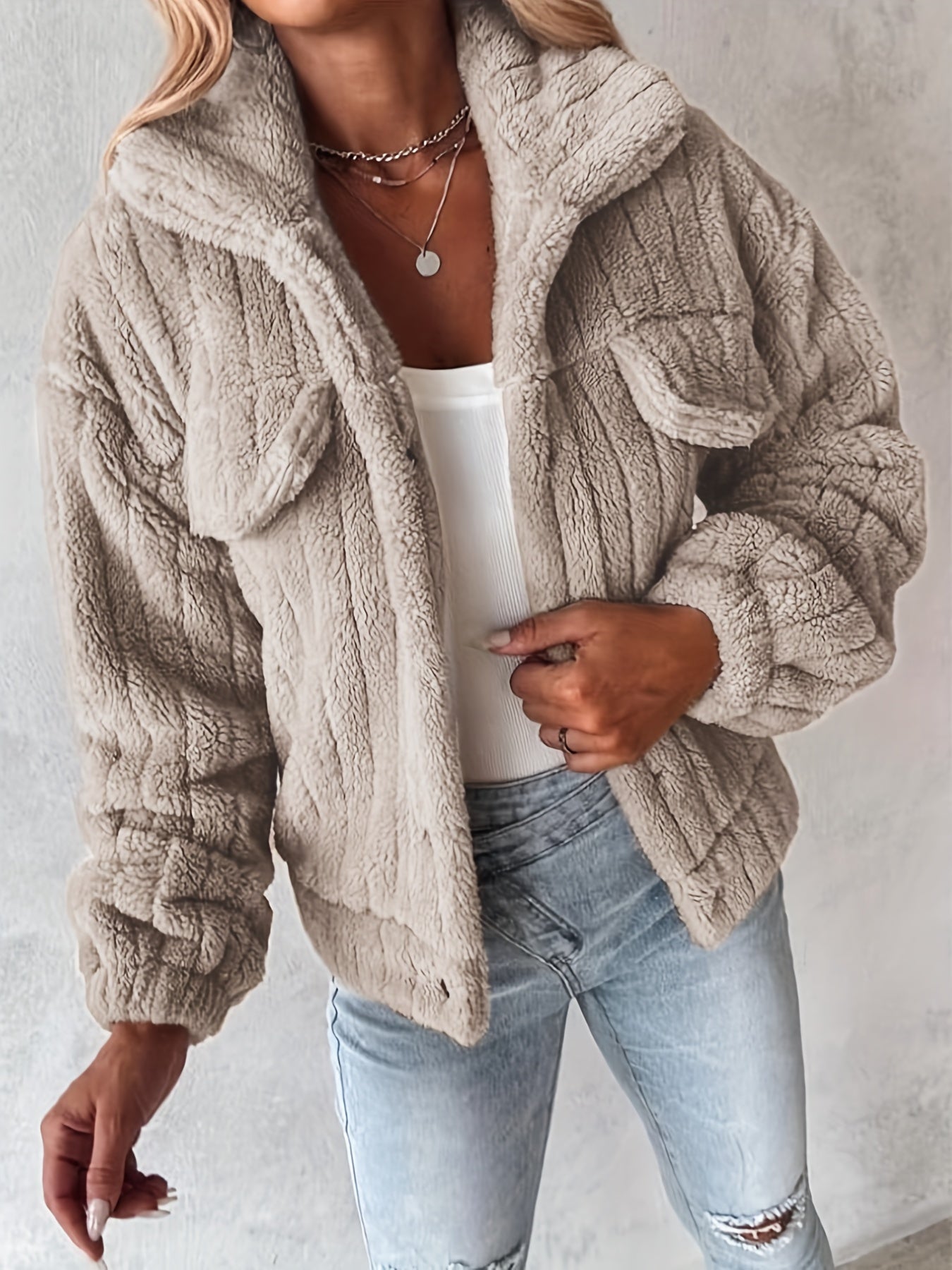 Ladies' Teddy Coat with Shawl Collar and Long Sleeves for Casual Autumn and Winter