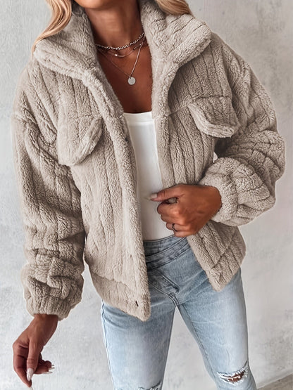 Ladies' Teddy Coat with Shawl Collar and Long Sleeves for Casual Autumn and Winter