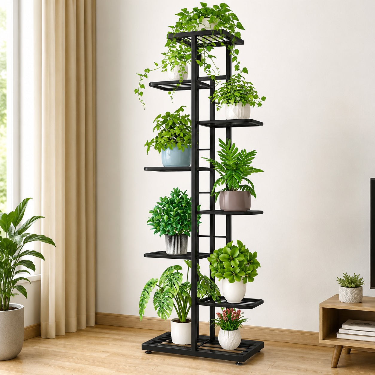 8-tier metal plant stand displaying nine potted plants
