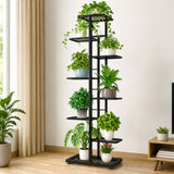 8-tier metal plant stand displaying nine potted plants