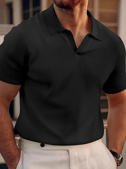 Ribbed Men's Polo Shirt with V-Neck and Short Sleeves