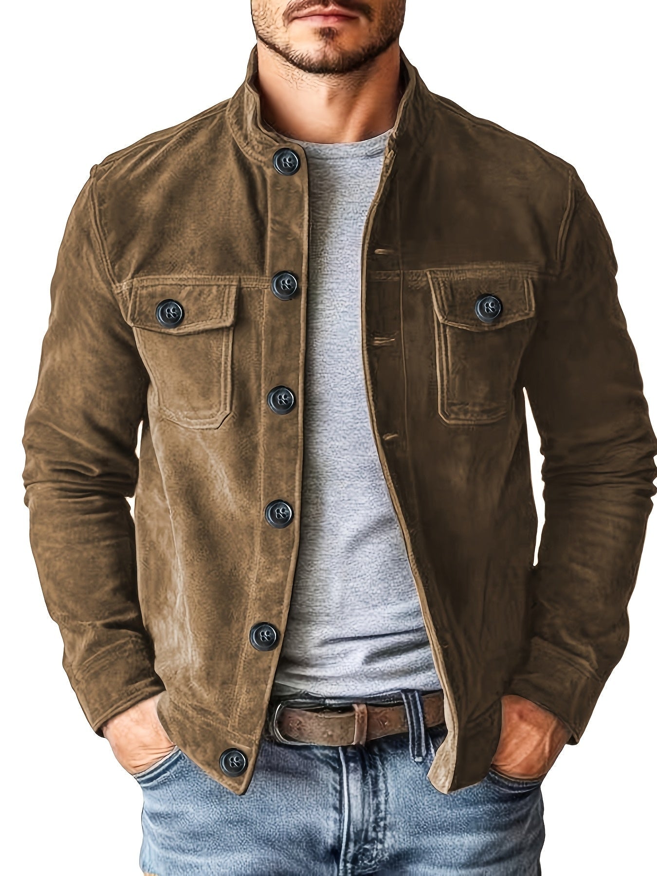 Stand with Men's Casual Jacket with Buttons and Up Collar for Vintage Work Jacket