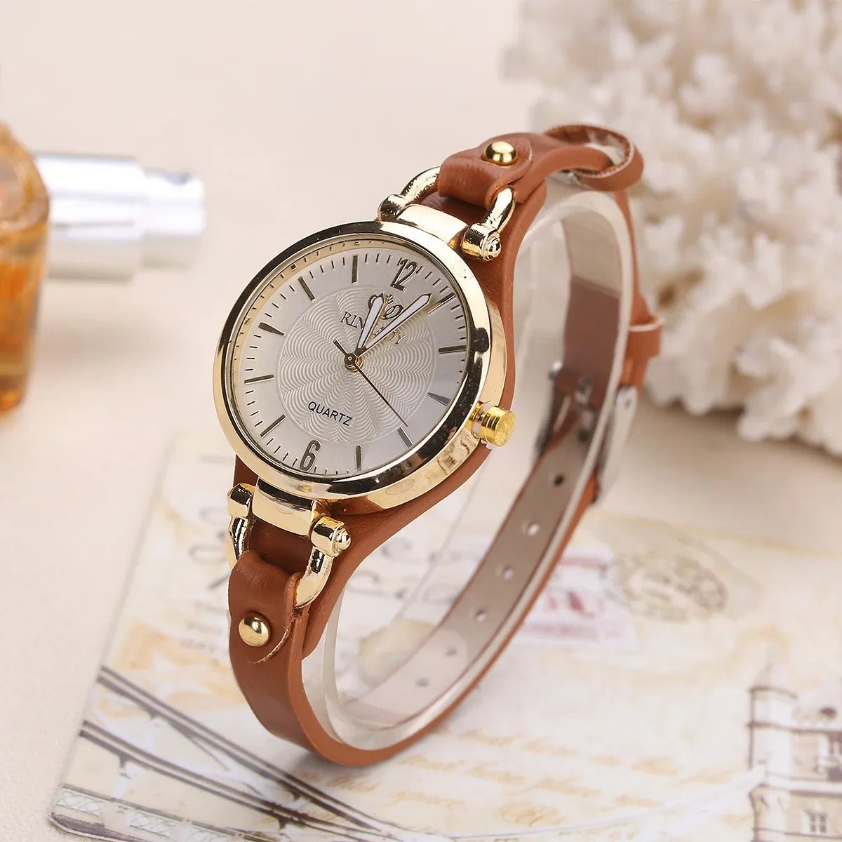 Watch with Ladies' Quartz Engraved Dial and Vegan Leather Strap