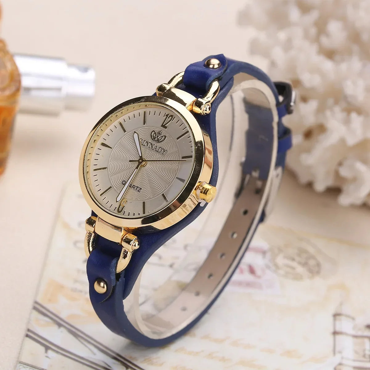 Watch with Ladies' Quartz Engraved Dial and Vegan Leather Strap