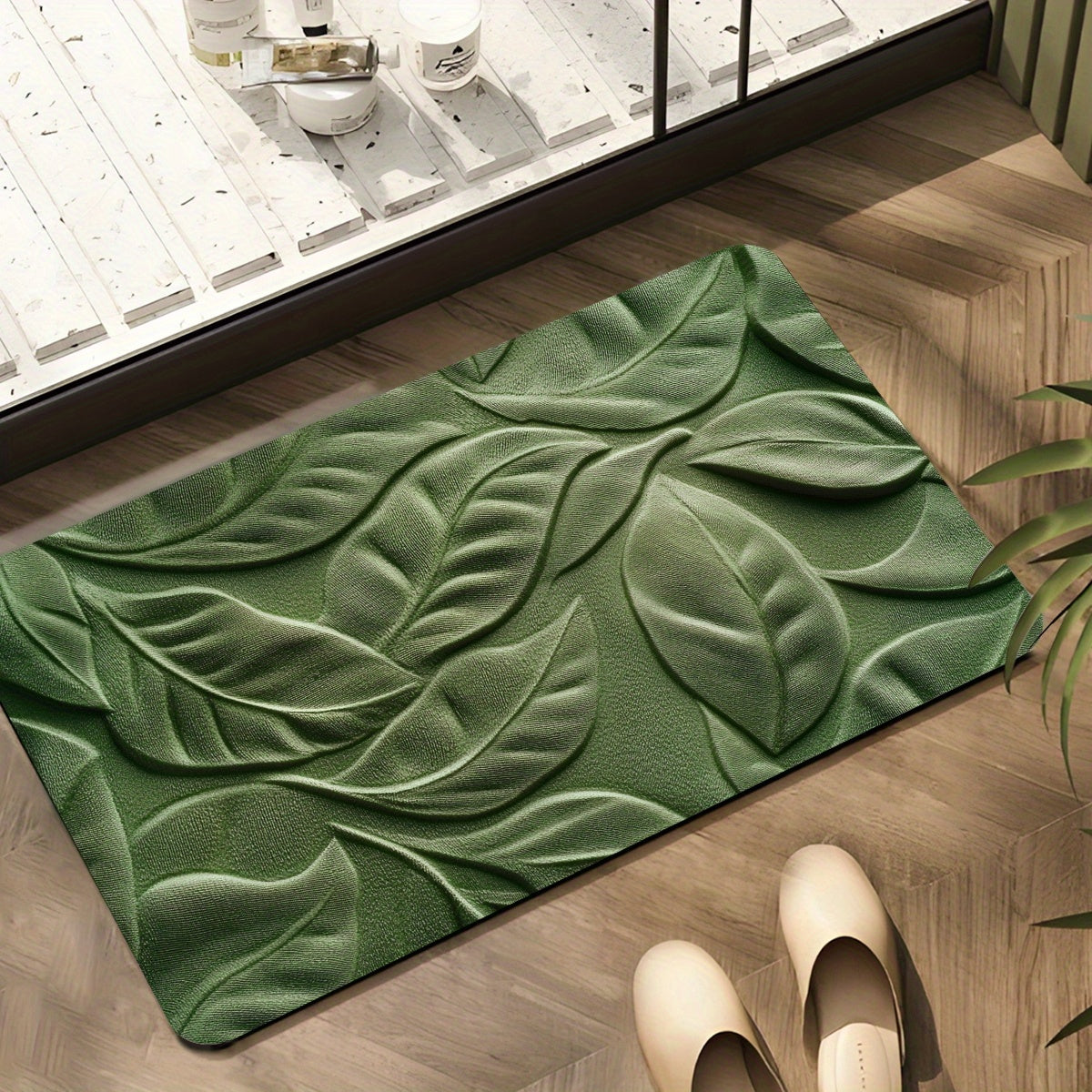 Mat with Diatomaceous Earth Bath Green Leaf Pattern for Absorbent and Quick-Drying