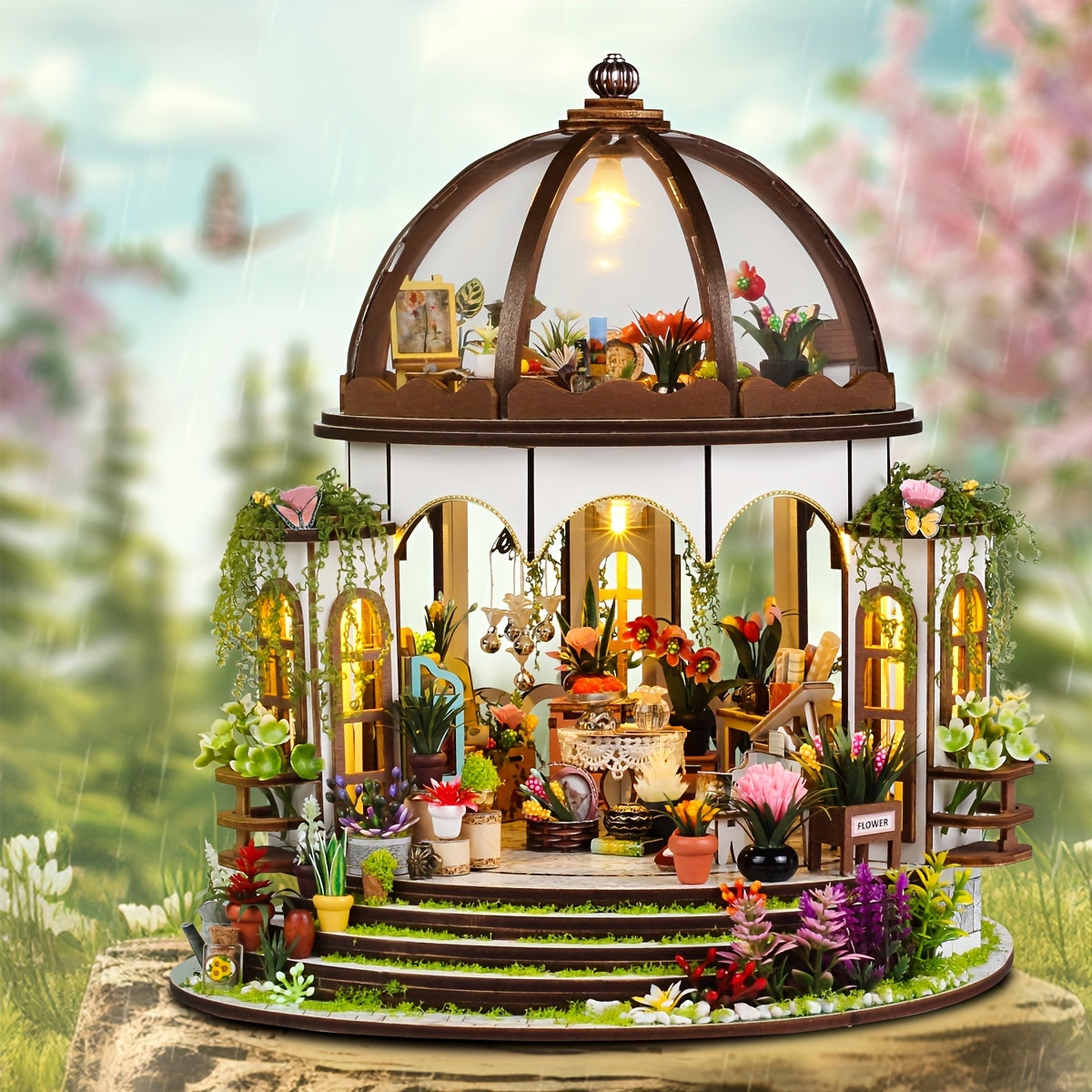 Miniature Flower House for 3D Wooden Puzzle with LED Lighting and Detailed Garden