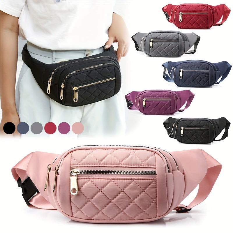 Bag with Lightweight Bum Design for Women with Quilted Check Pattern and Double Zipper