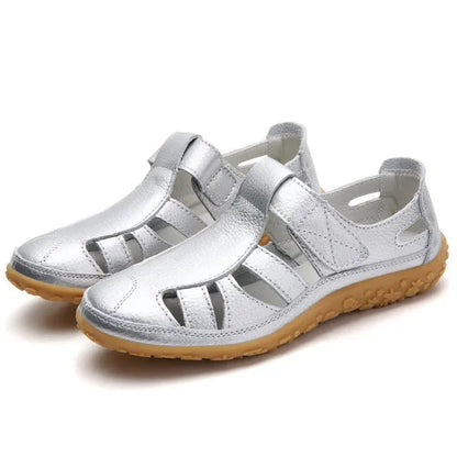 Leather Sandals for Women with Velcro and Comfort Sole