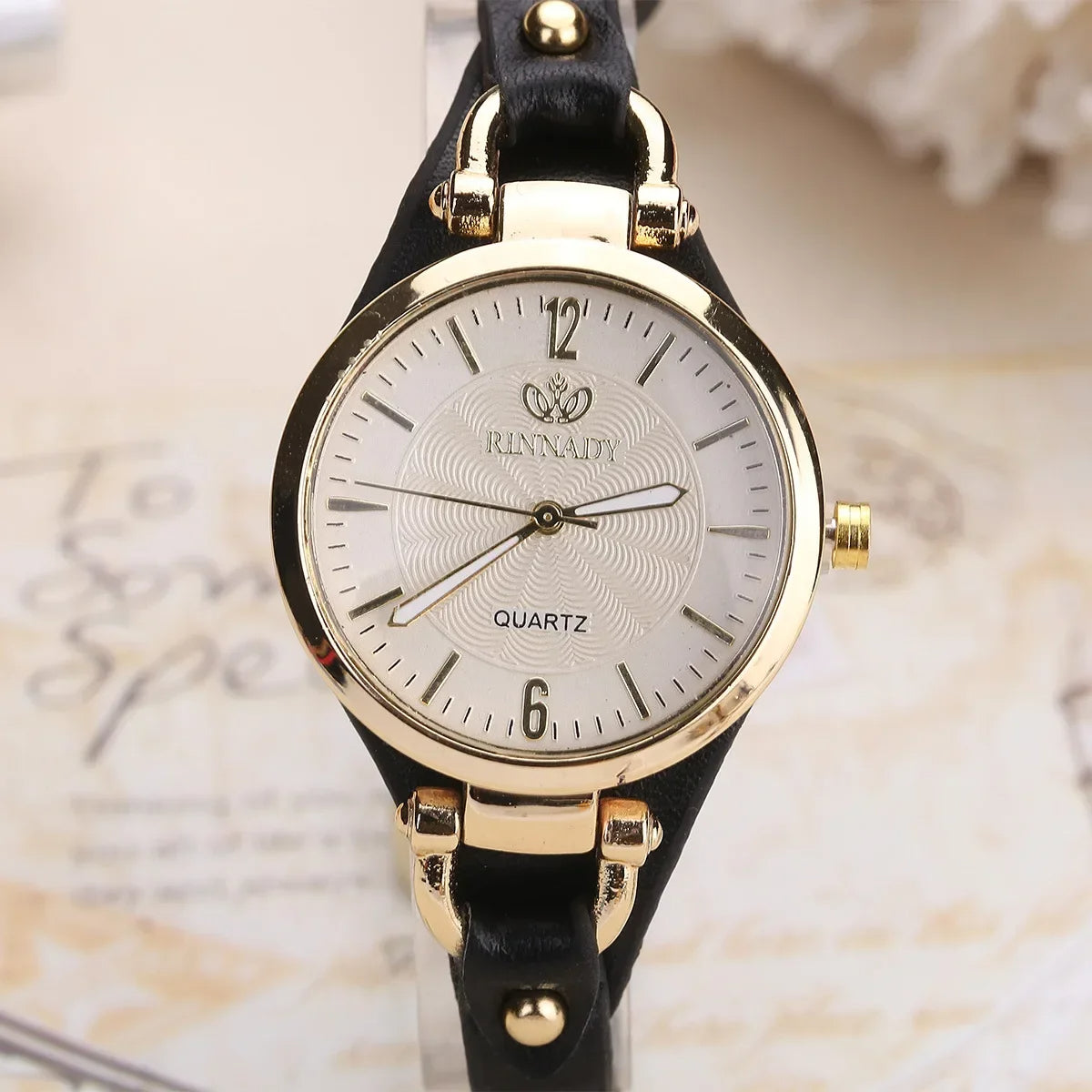 Watch with Ladies' Quartz Engraved Dial and Vegan Leather Strap