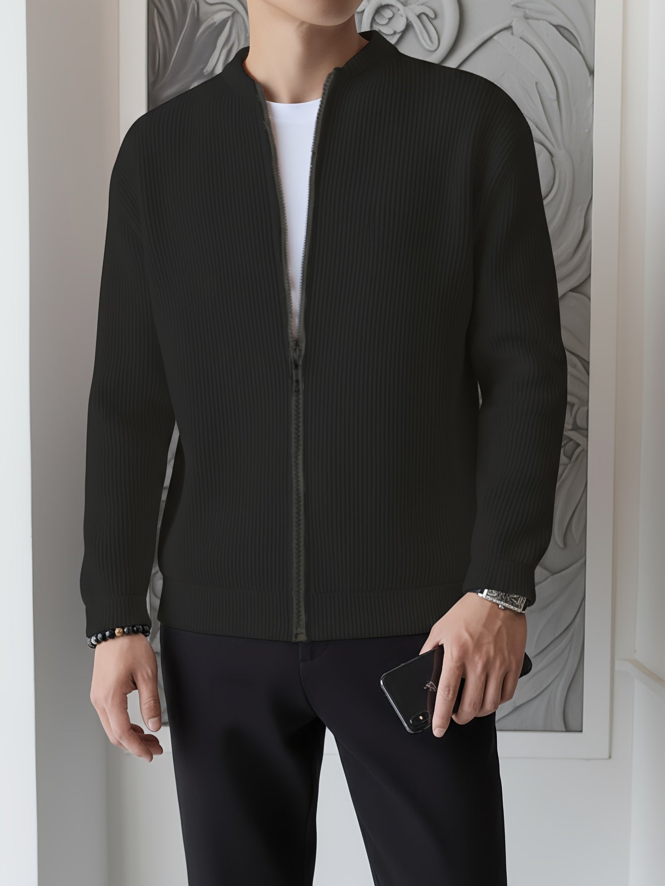 Men's Ribbed Zip-Up Cardigan for Relaxed Fit for Autumn and Winter
