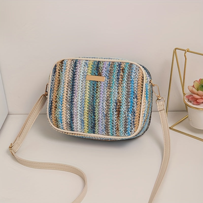Bag with Shoulder Women Striped Woven Design with Zip Closure