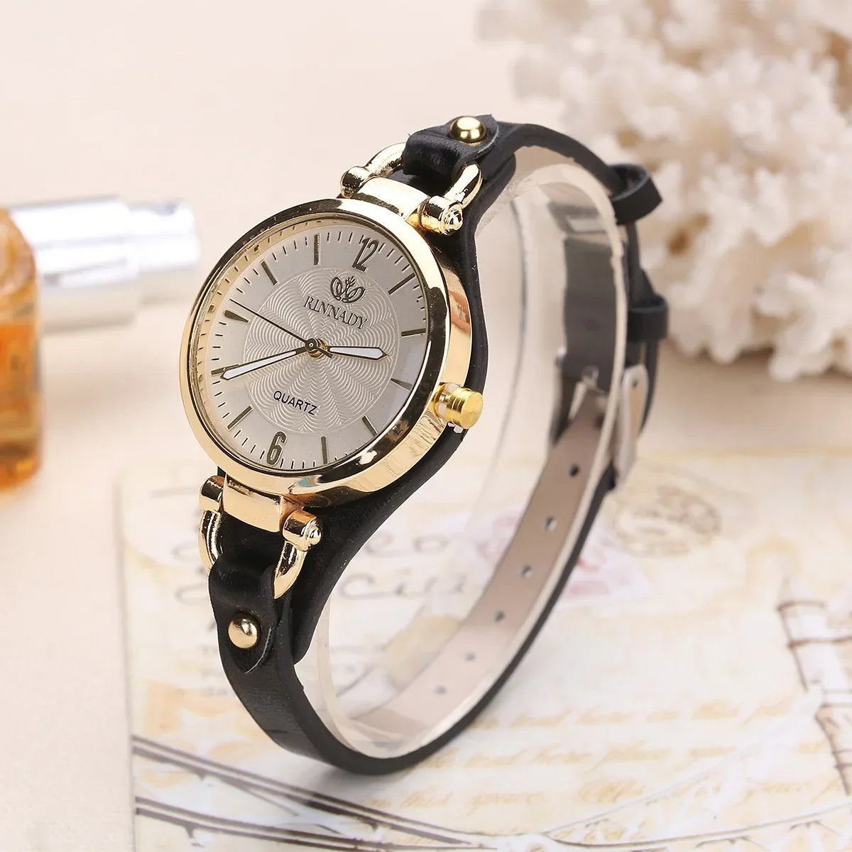Watch with Ladies' Quartz Engraved Dial and Vegan Leather Strap