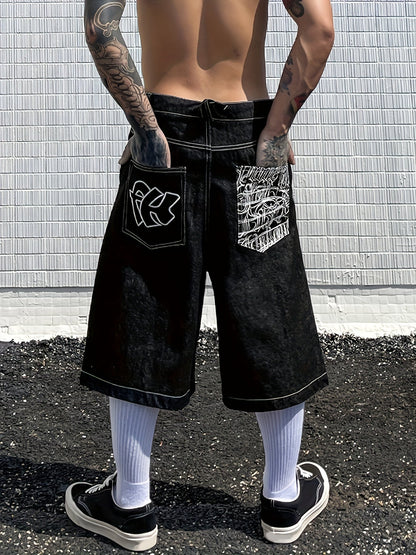 Casual Bermuda Denim Shorts for Loose Fit with Stylish Floral Embroidery