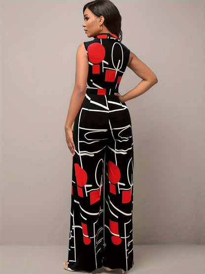 Elegant Geometric Printed Jumpsuit for Wide Legs and Belt for Parties and Casual Wear